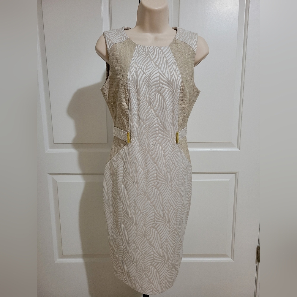 Calvin Klein Tan & White Sleeveless Midi Jacquard Dress